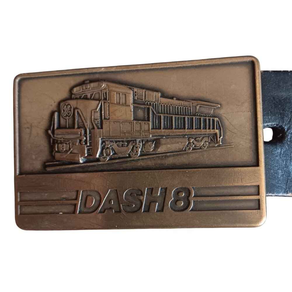 Vintage Men's Belt 38-40 Dash 8 Locomotive Train Buckle Leather Trucker Belt USA